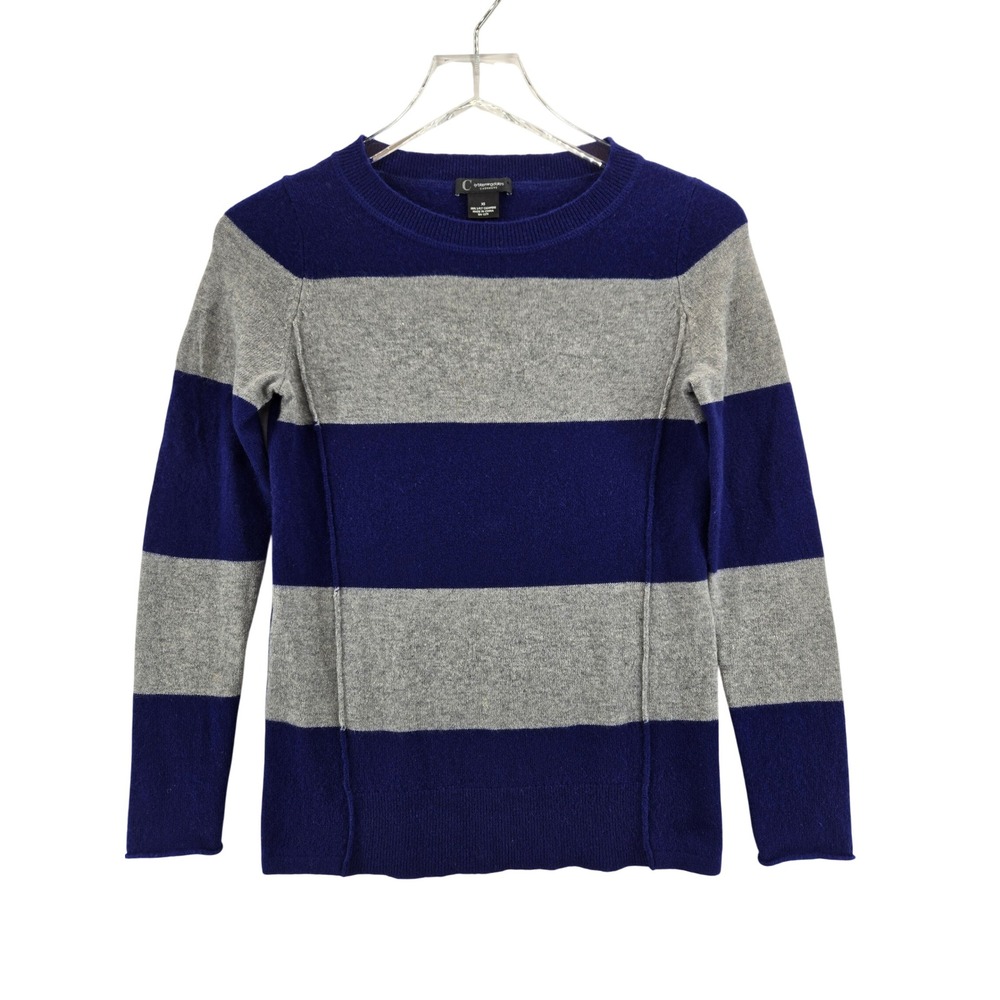 C by Bloomingdales Cashmere Sweater‎ Womens XS Blue Gray Striped Crew Neck 2-Ply